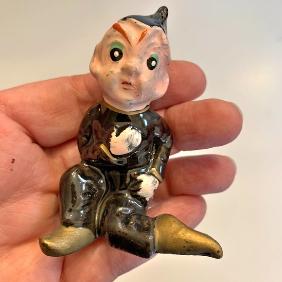 Vintage Elf Figurine Pixie Sprite Ceramic Black Sitting Japan 3" - Picture 9 of 9